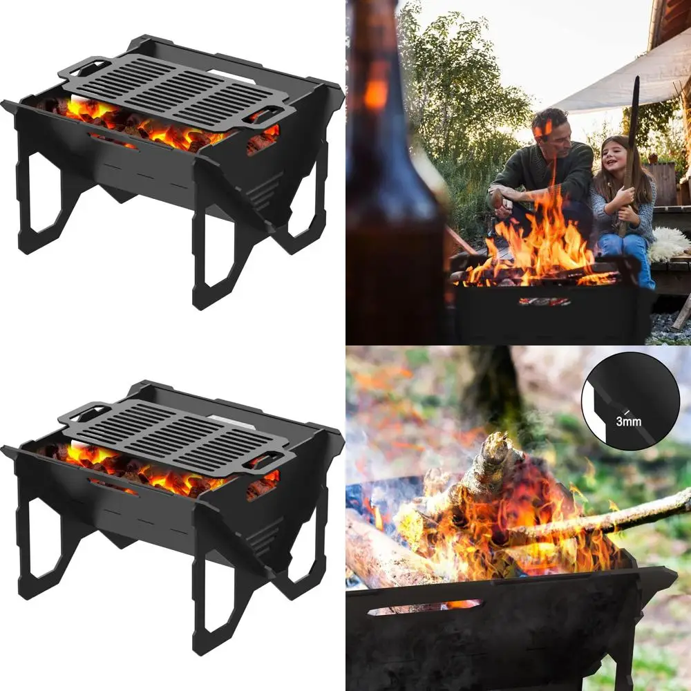 20 Outdoor Portable Fire Pit with BBQ Tray, Detachable Steel Fire Pit for Backyard, Patio, Picnic, Bonfire, Garden - Black (Larg