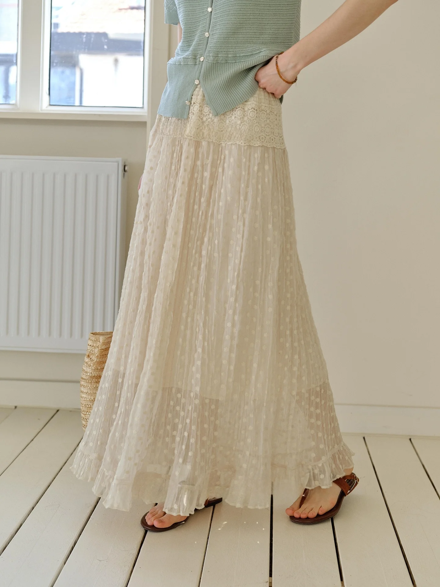 

Elegant Retro Lace Embroidery Heavy Work Semi-Body Skirt Women's Slimming Long Skirt Transparent Tulle High Waist A-Line Skirt