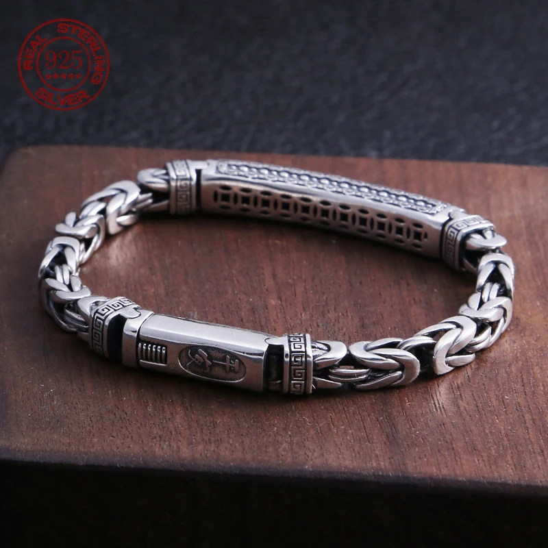 

Real Solid S925 Sterling Silver Personality New Peace Pattern Bracelet Men's Trend Fashion Retro Keel Woven Chain Jewelry