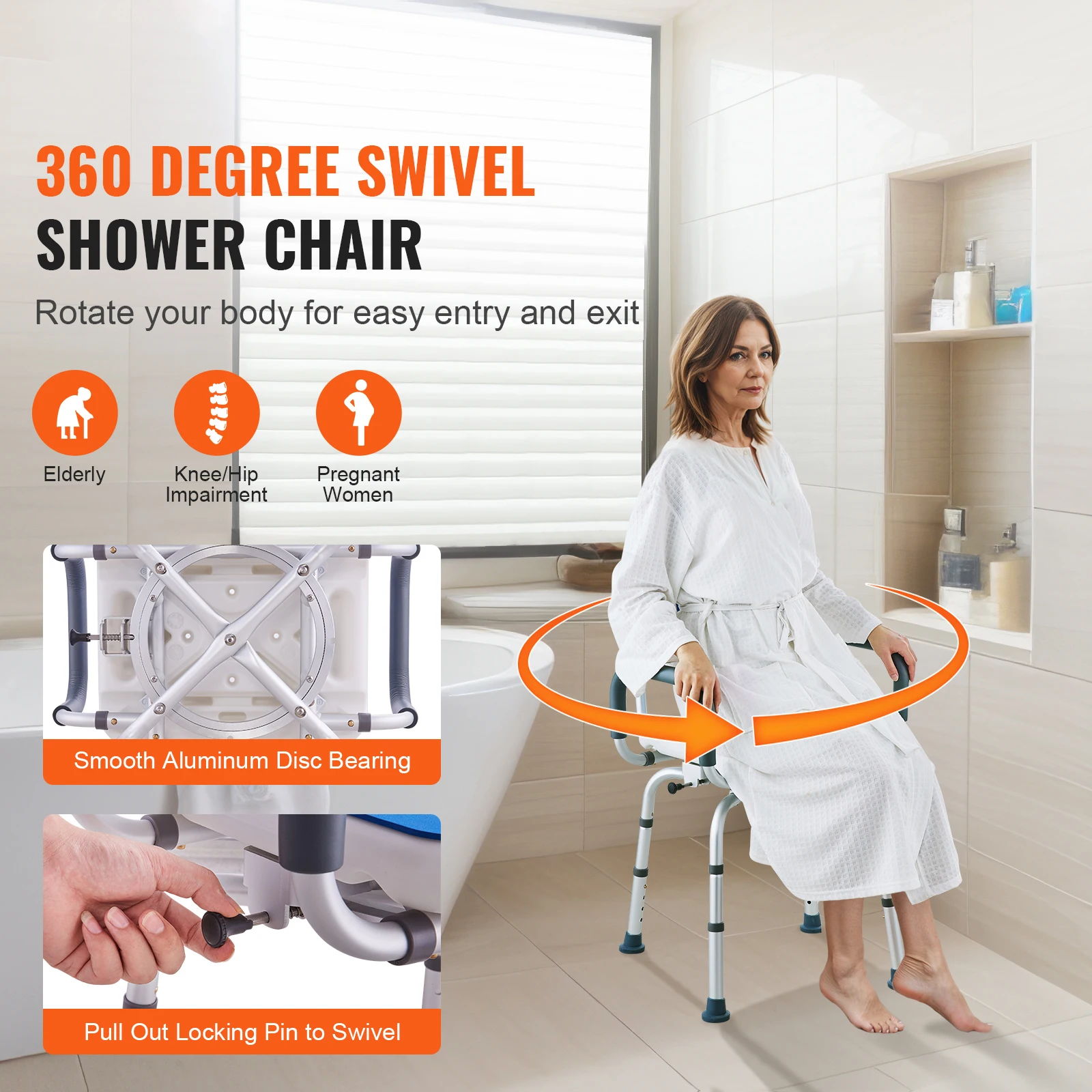 SucceBuy Swivel Shower Chair 360 Degree Adjustable with Armrest and Backrest for Shower or Bathtub Non-Slip for Elderly Disabled image 2