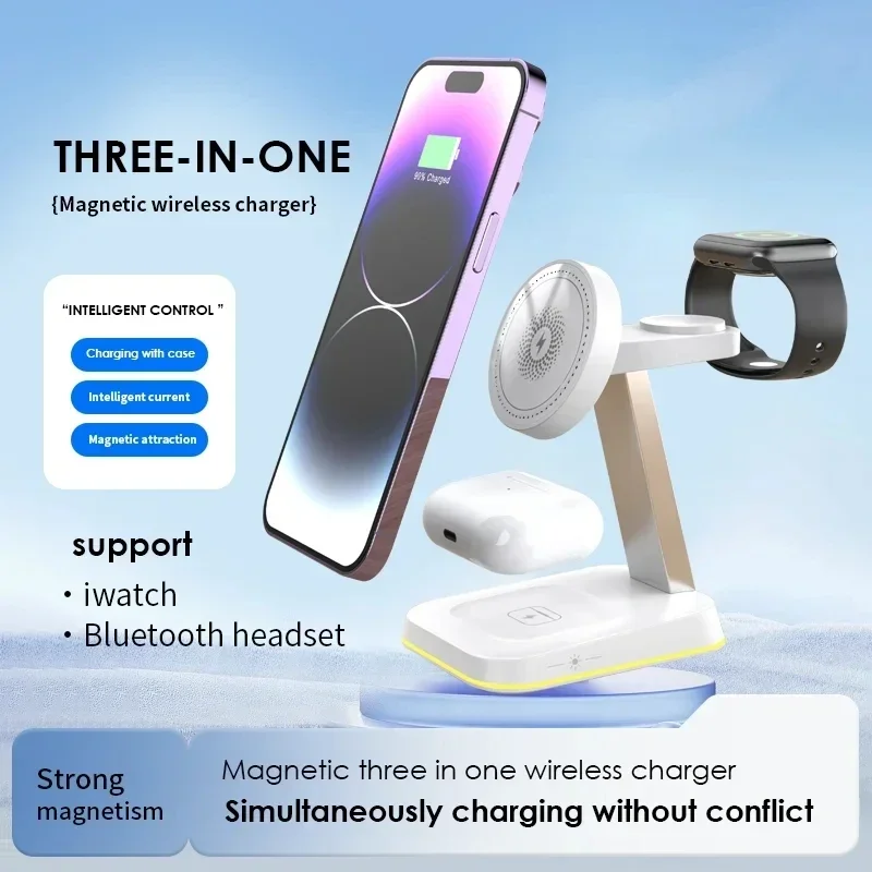 3-in-1 Kabelloses Ladegerät Ständer Pad LED-Licht 15W Schnellladestation Dock für Magsafe iPhone 15 14 13 12 Pro Max iWatch 9 8 7 6