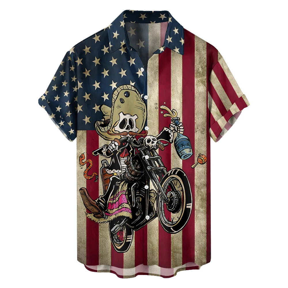 

American Independence Day series skeleton man cycling leisure trip large size short sleeve shirt digital print loose trend shirt