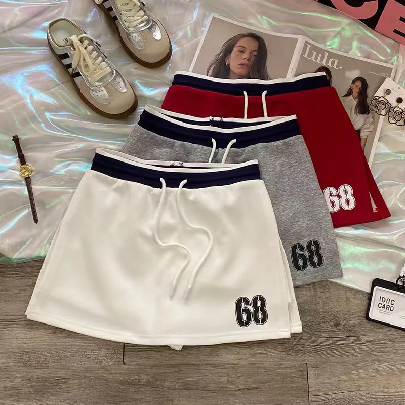 Digital Print Casual Skirts Women American Sexy Slit Sports Skirts Summer High Waist Drawstring Splicing A Line Skirts Mujer