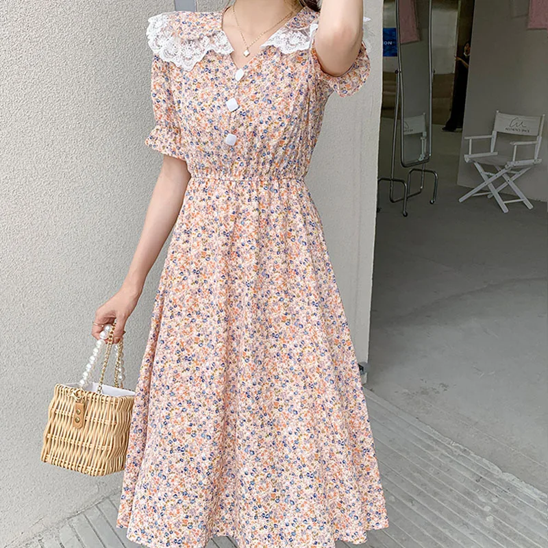 

Doll Collar Floral Dresses Women Summer 2022 Elegant Fashion Sweet Style Chiffon Lace Empire Patchwork Button Pink Apricot 1719