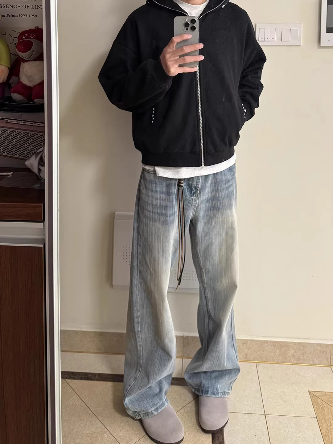 

Blue Thiened Fce Lined Bell Bot Straight Leg Men's Jeans Winter High Waist American High Street Sle Wide Leg Pants