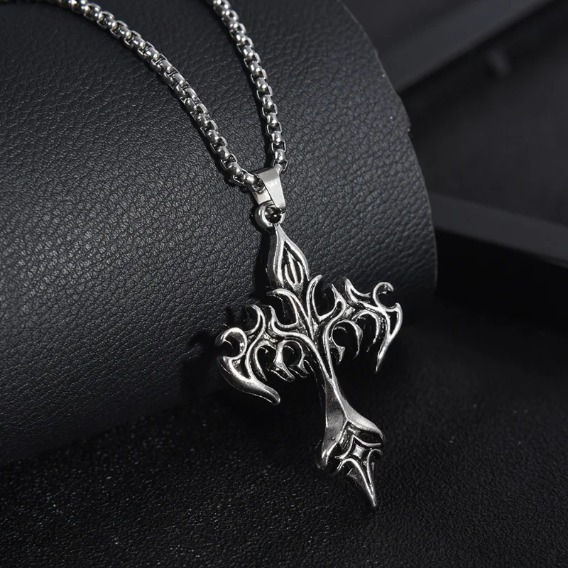 Gothic Vintage Flame Cross Pendant Necklace Harajuku Chain Choker Collar Grunge Egirl Goblincore Women Men Accessories Jewelry