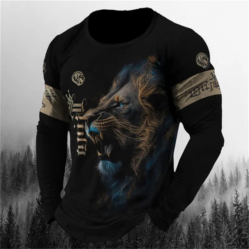 6XL Plus Size Men's Clothing Fashion Lion Pattern T-Shirts Spring Autumn Long Sleeve Street 3D Animal Print Male Tops Casual Tee