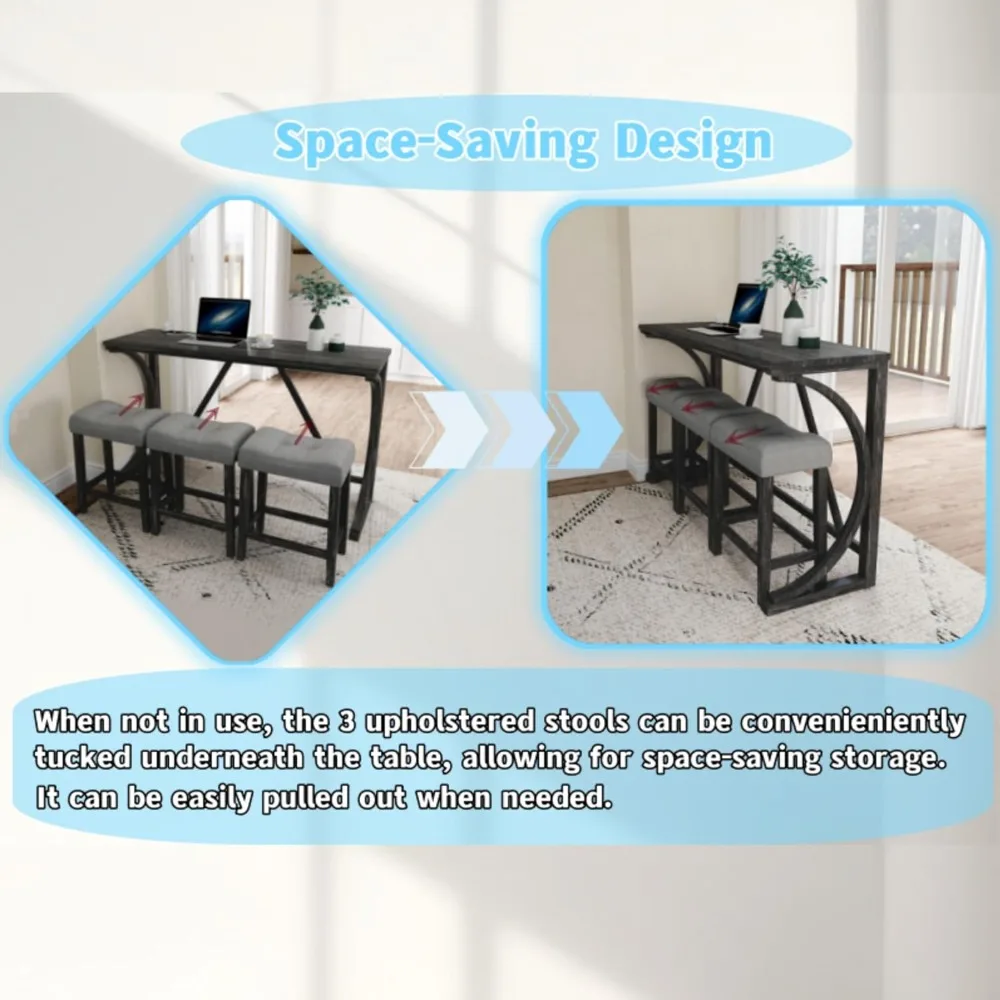 카운터 높이 식탁 세트 - 전원 콘센트가 있는 나무 바 테이블 및 3개의 패브릭 의자