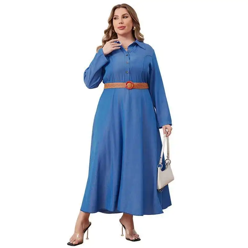 218321 Plus Size Women's Winter New Denim Open Chest Collared Jumpsuit Long Skirt Factory 2025 Party Summer Elegantes Casual Y2k