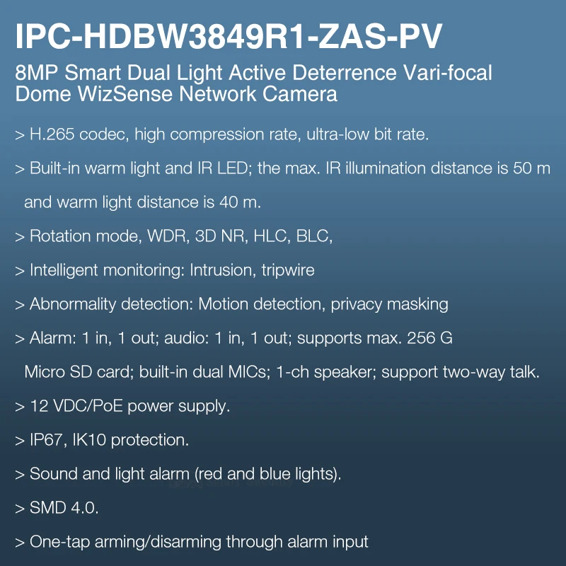 Dahua 8MP TIOC 3.0 AcuPick Camera Smart Active Deterrence Vari-focal WizSense Network Camera Full Color 4K HDBW3849R1-ZAS-PV S5