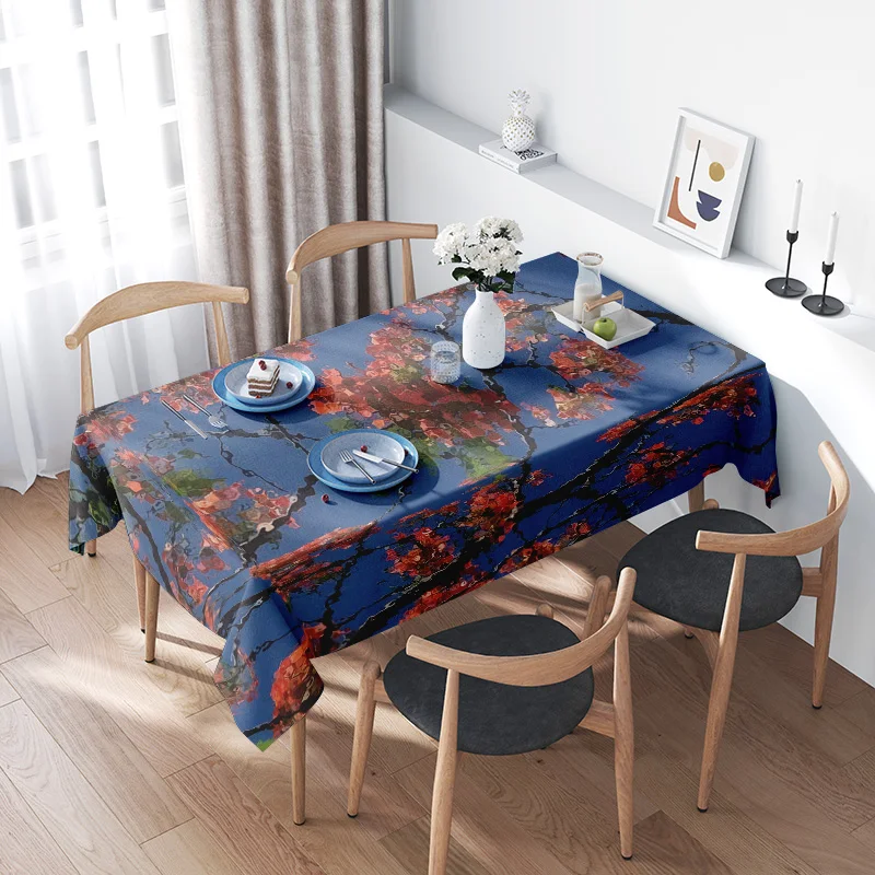 

Modern Floral Printed Tablecloth - Blue Cherry Blossom Design for Dining Room Decorations Home Textiles - Easy-to-Clean Material