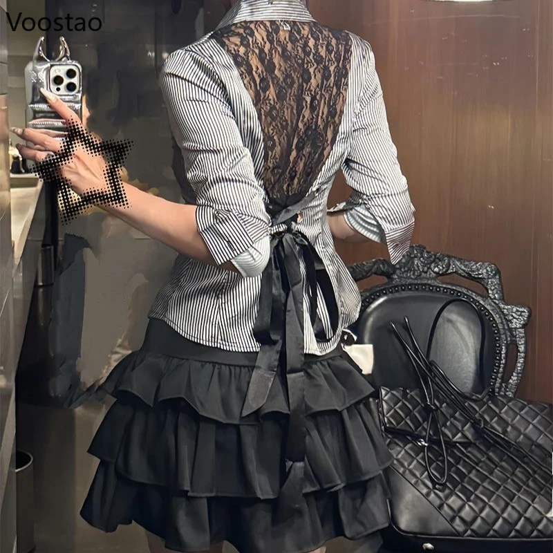 الشارع الشهير Y2k 2 قطعة مجموعة المرأة القوطية الدانتيل المرقعة مخطط قميص بلايز فاسق كعكة صغيرة تنورة دعوى موضة الإناث مثير وتتسابق