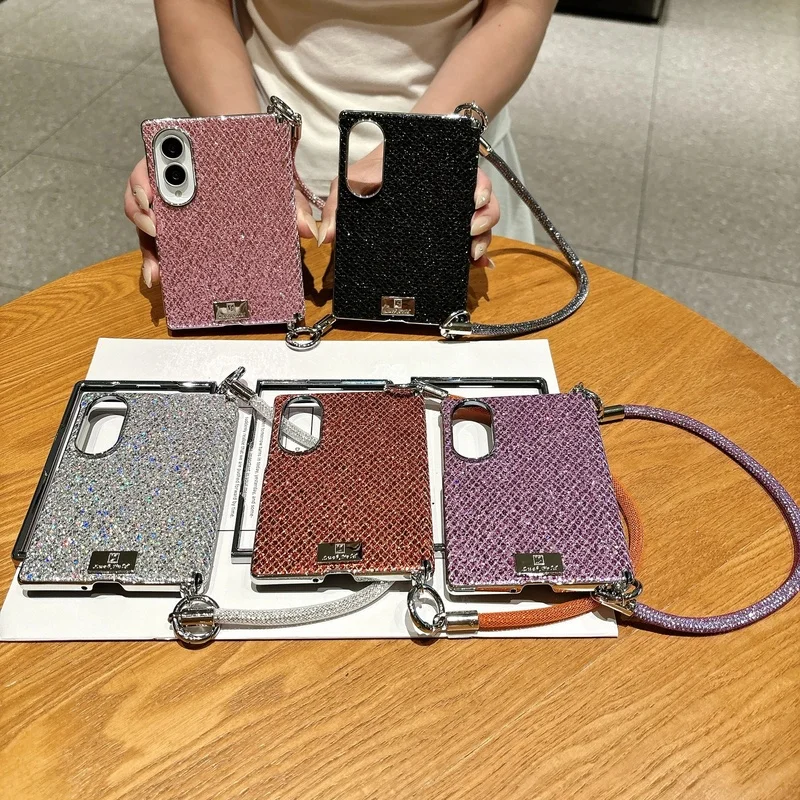 Fashion Glitter Diamond Pattern Leather Phone Case for Samsung Z Fold 8 Wide Shockproof Axis Protection Strap Cover With Lanyard