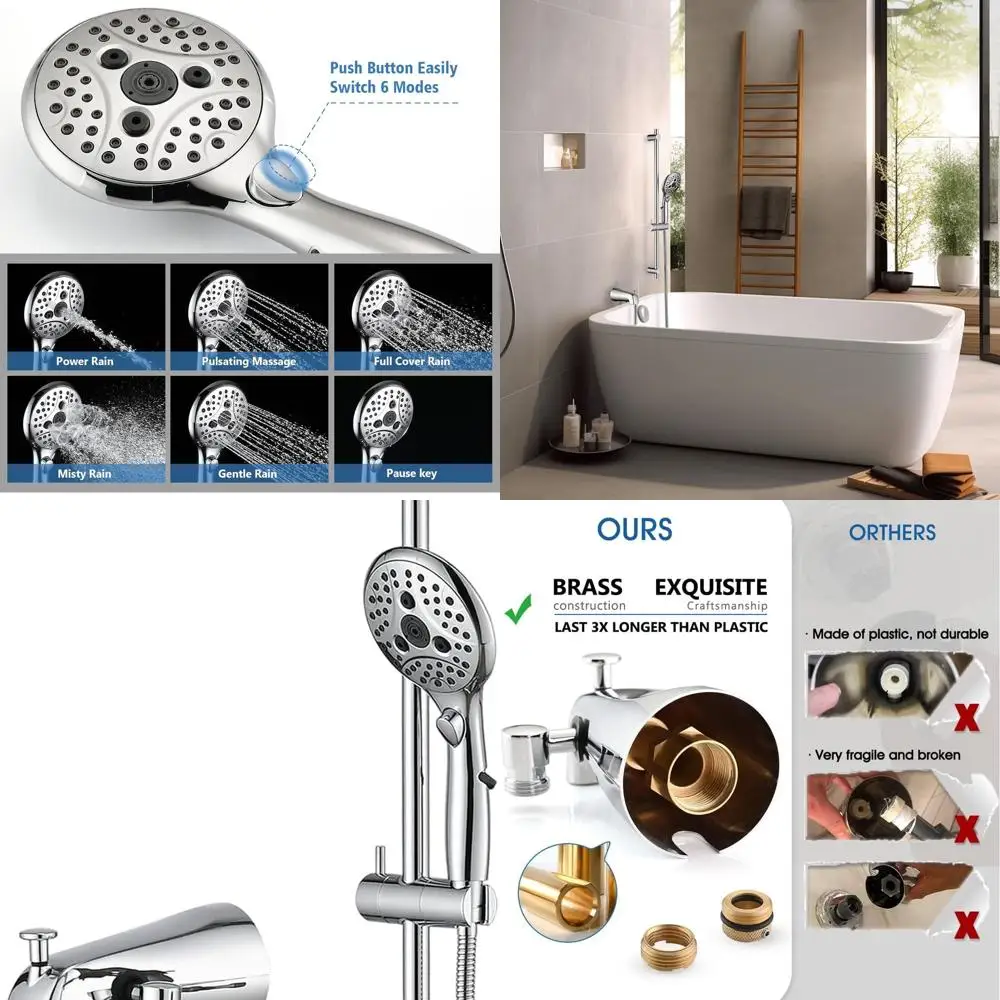 

Chrome Handheld Shower with 6 Modes, Pause Switch, Adjustable Slide Bar, All Metal Diverter