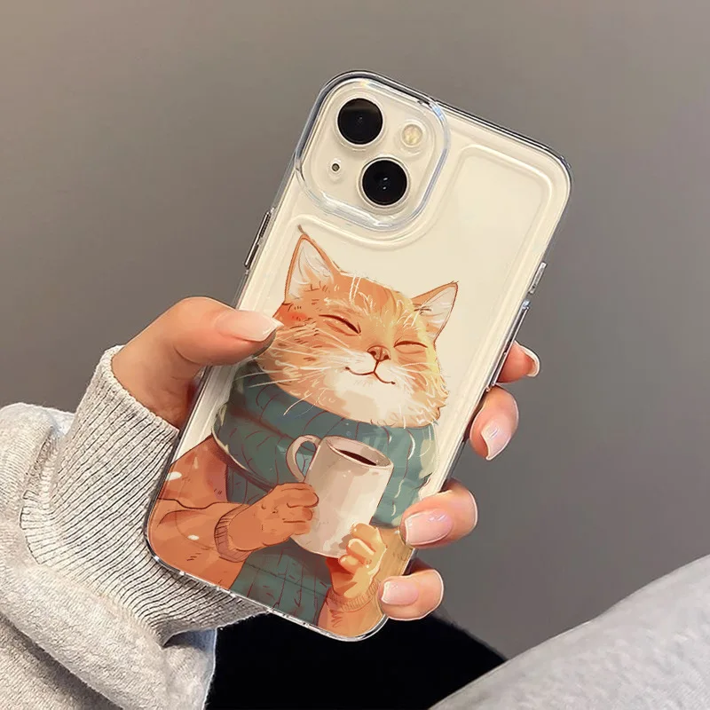 Cat With Cup of Tea Phone Case For iPhone 16 15 14 13 12 11 Pro XS MAX 7 XR 8 7 Plus Clear Cover Fundas
