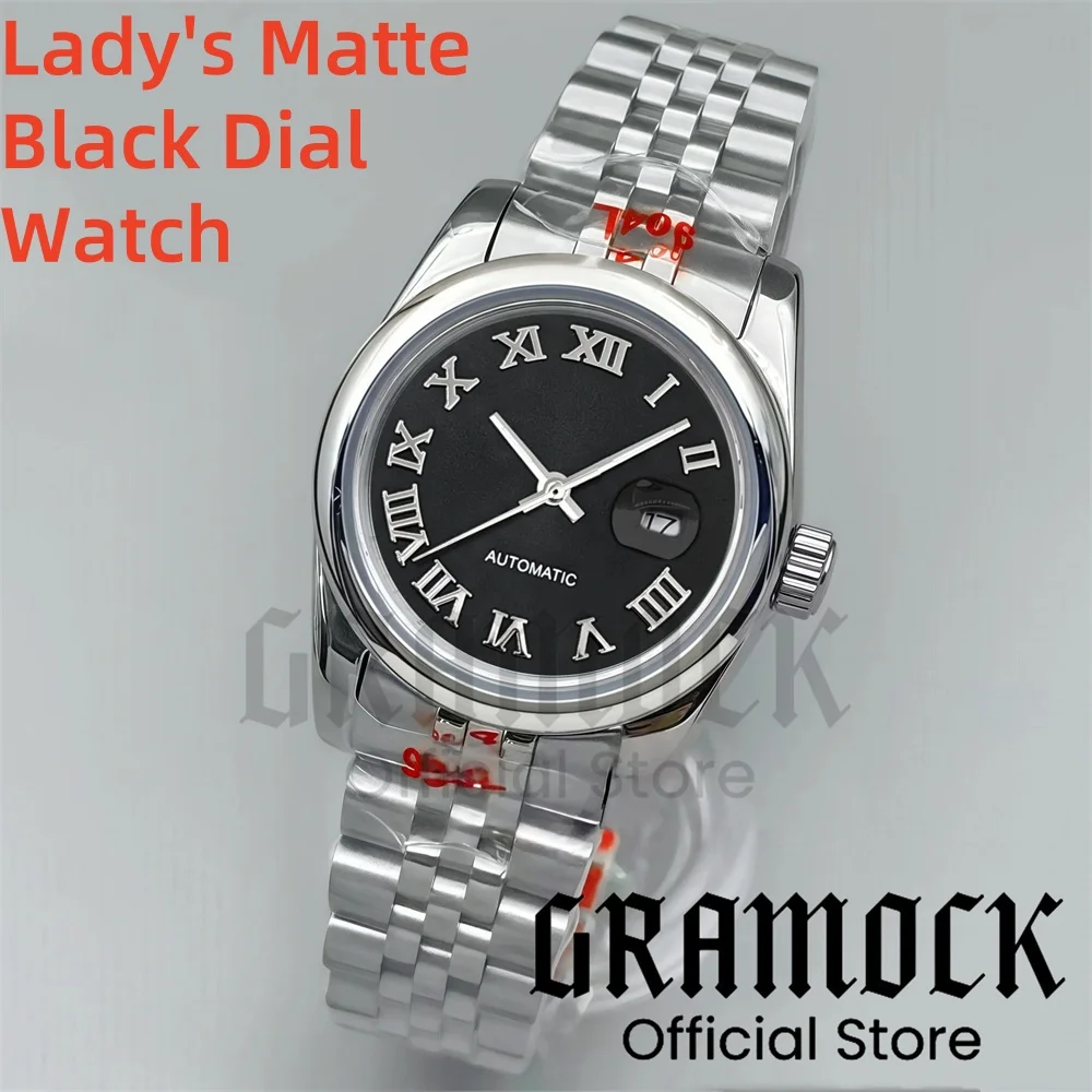 Gramock 31mm Lady's NH05 Mechanical Wristwatch Matte Black Watch Dial Roman Silver/Gold Mark Round Beze lSteel Watches for Women