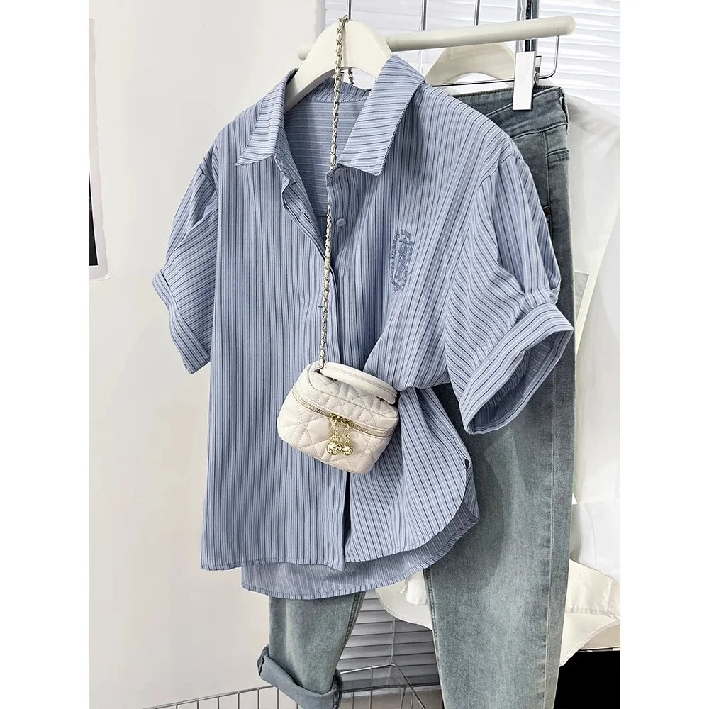  de manga corta bordado a rayas azules para mujer, Top informal hoado con anchura de hombros, longitud Regular, fibra d...