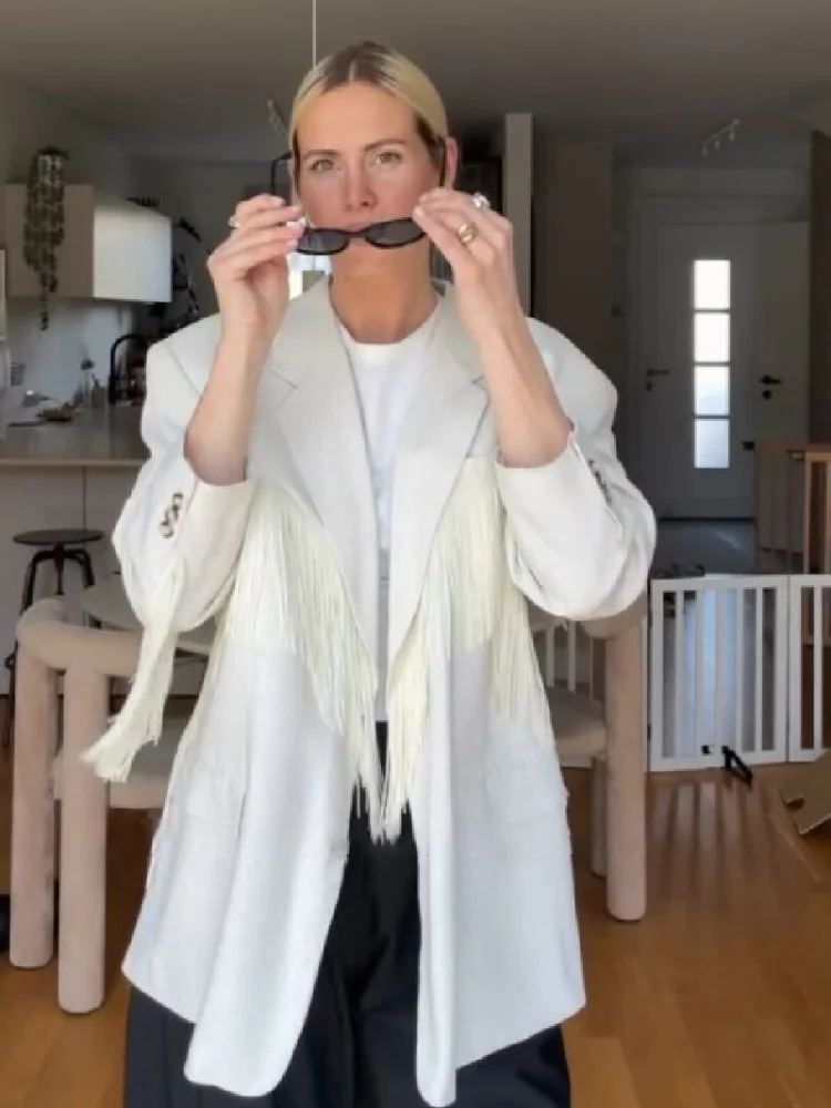 Elegant Chic Lapel Blazer Jacket Women Trend Tassel Decor Long Sleeve Pocket Loose Casual Coat Lady Autumn High Street Outerwear