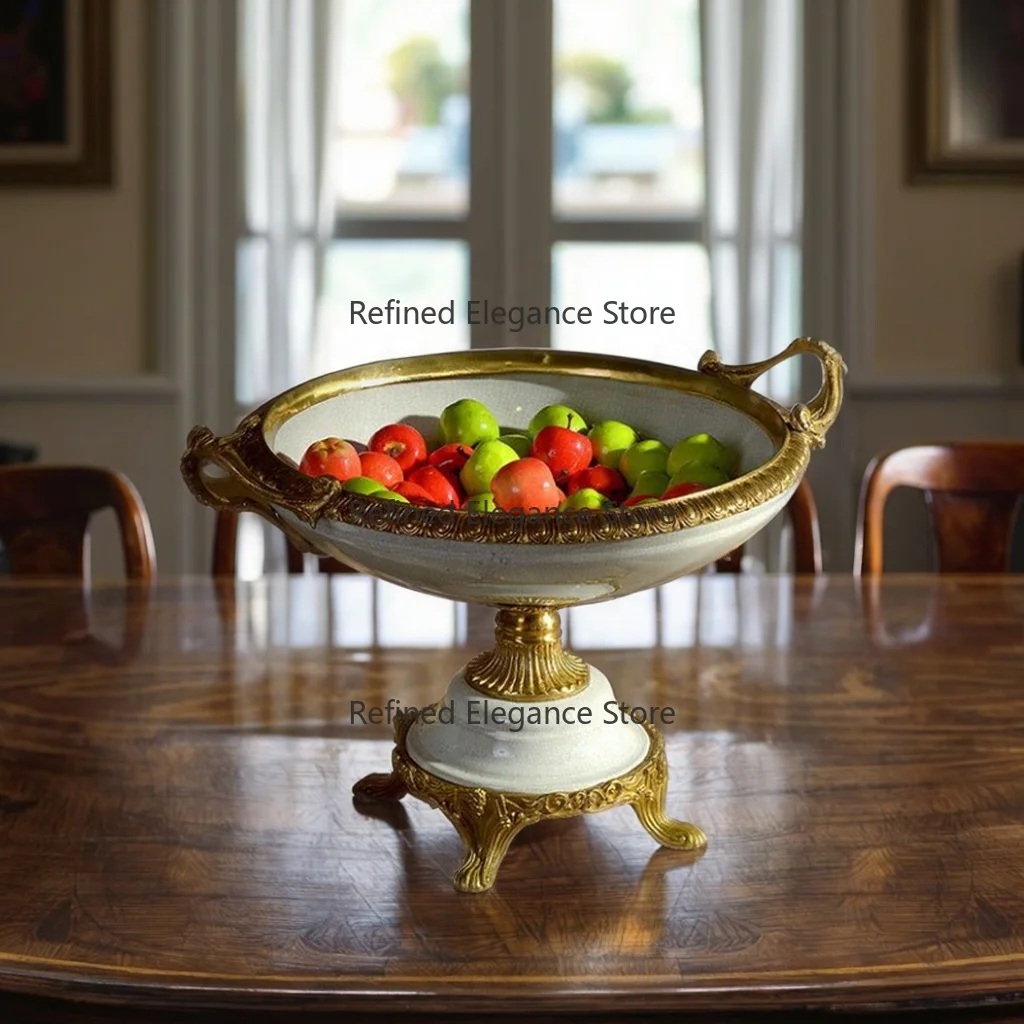 Antique Home Decoration Porcelain Candy Tray/Dish With Brass High Feet With Luxury French Ceramic Craft & Art Fruit Bowl