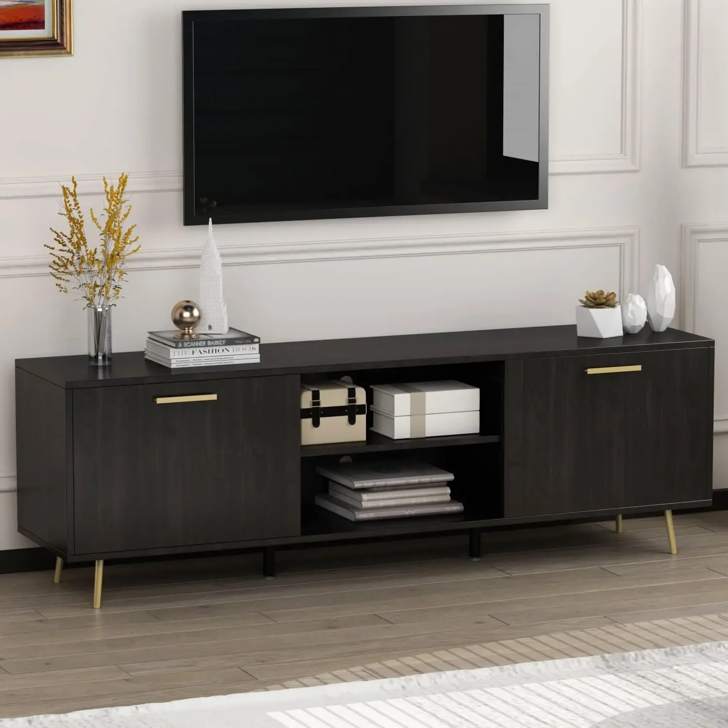 Modern TV Stand for TVs up to 75 Inch, Entertainment Center TV Console Table with 2 Doors, 2 Open Shelves Multicolor options