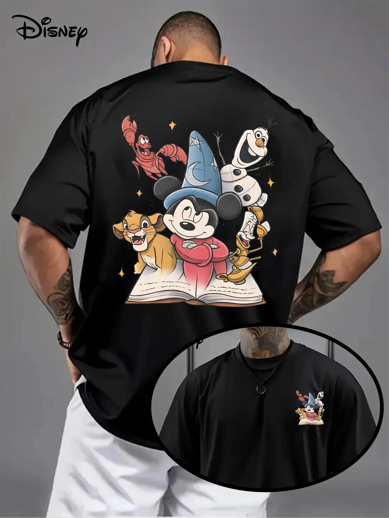 Camiseta con estampado de Disney Mickey Sorcerer Simba Olaf Sebastian Lumiere, camisetas informales holgadas de manga corta de algodón para hombres y mujeres