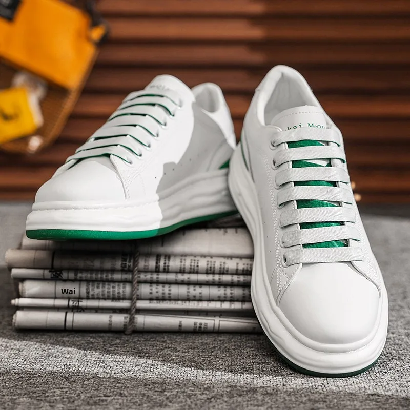 

Men's Casual Shoes Spring Trend Waterproof Leather Sport Thick Bottom Heightening McQueen Little White Trendy Shoes