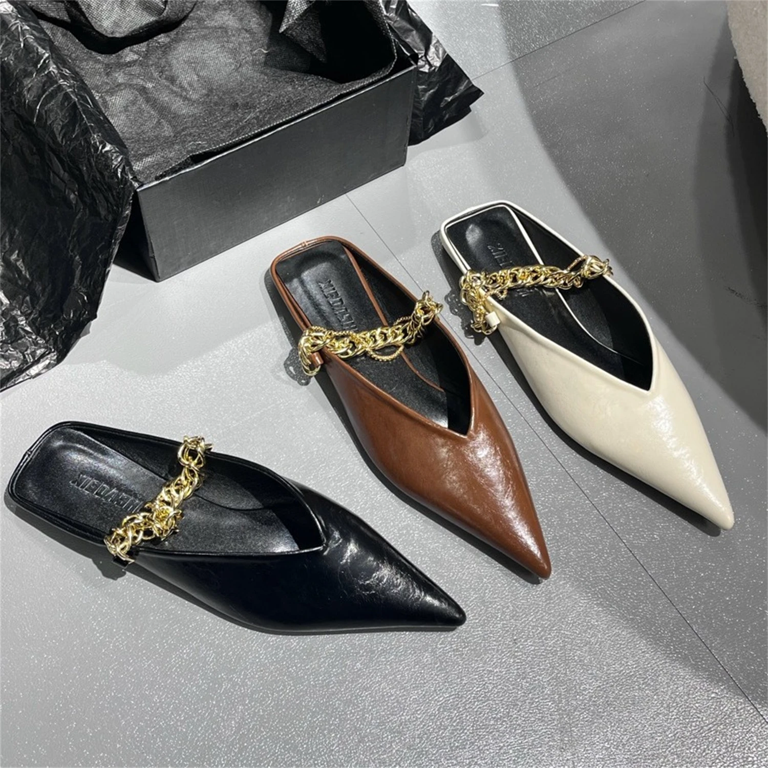 

Apricot Beige Black Brown Knotted Chain Strap Summer Casual Flats Slingback Pointed Toe Chic Slipper Luxury Women's Shoes