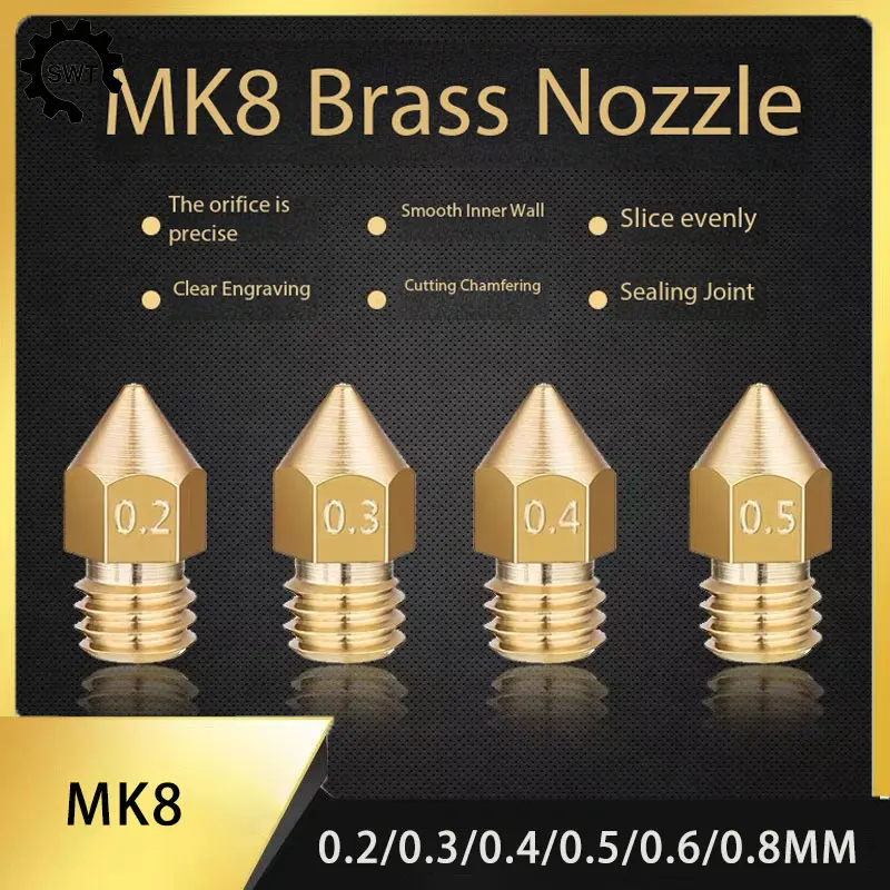 MK8 Brass Nozzle 3D Printer Extruder Print Head M6 Thread 0.2 0.3 0.4 0.5mm For 1.75mm Filament Makerbot Ender3 CR10 Anet A8