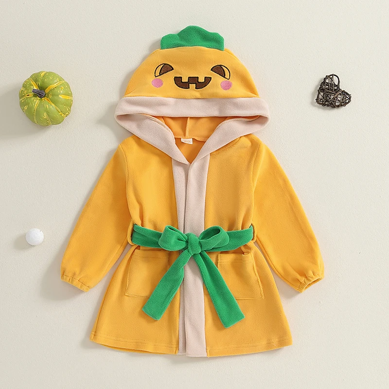 Boy Girl Halloween Bathrobe with Belt Cartoon Pumpkin/Chick Print Plush Long Sleeve Hooded Robe