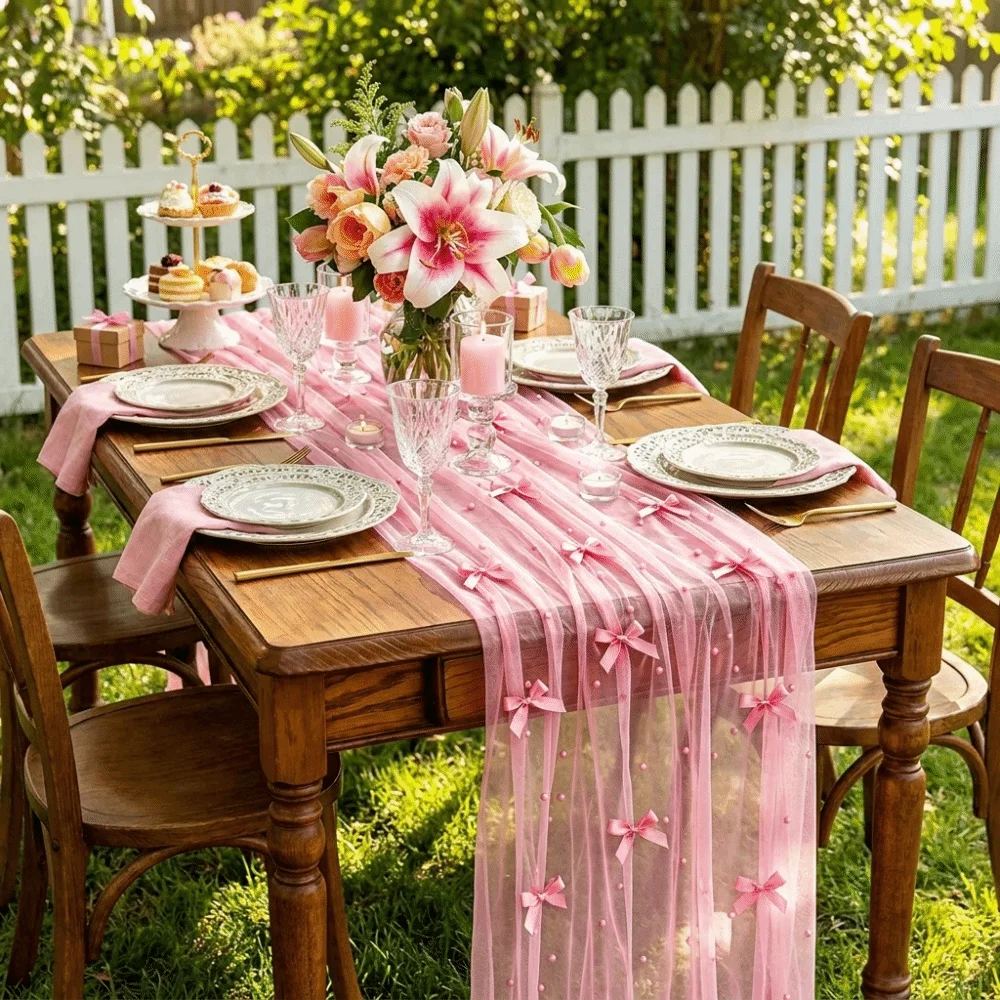 Romantic Bow Pearl Chiffon Runner Luxury Polyester Gauze Tablecloth Decorative Semi-Transparent Wedding Table Runner