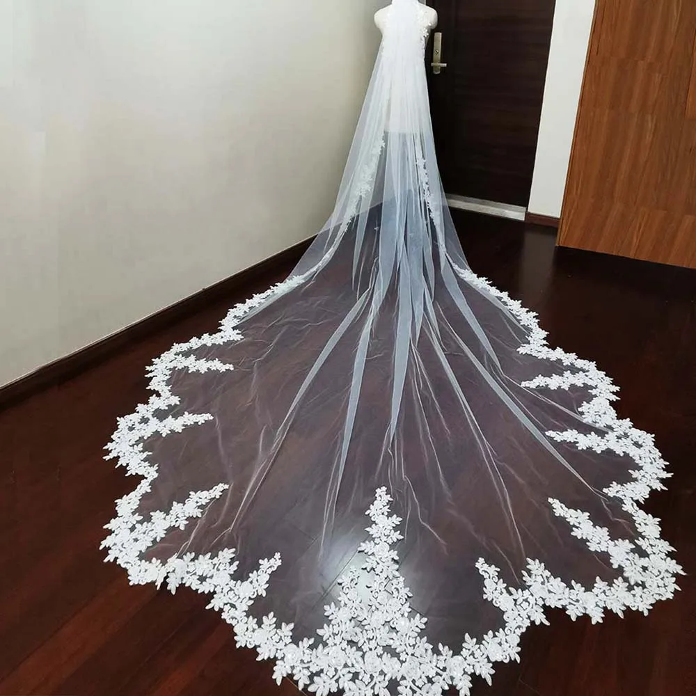 Customized Royal Scalloped Edge 3m/3.5m/4m Long Wedding Veil Lace 1 Layer High End Bridal Veil with Comb Wedding Accessories