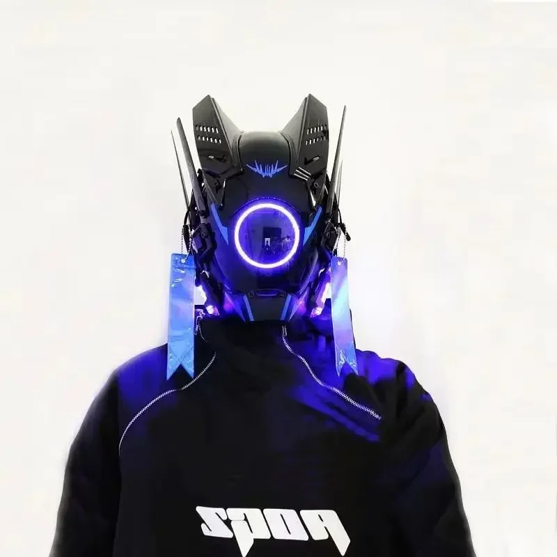 Cyberpunk Helmet Cosplay Led With Hair Music Cyberpunk Helmet Cyber Punk Mask Men's Costume Robot Helmet Halloween Cool Toy Gift