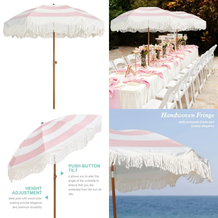 

Boho Fringe Umbrella Outdoor Patio, 6.5ft UPF50+ Picnic Umbrella with Tassels with Steel Pole and Push Button Tilt