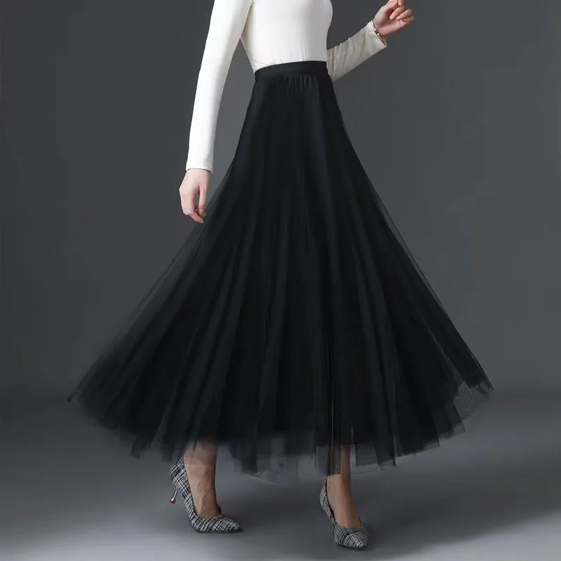 Summer New Vintage Tulle Skirt Women Streetwear Elastic High Waist Mesh Pleated Skirts Elegant Korean A Line Office Ladies Skirt