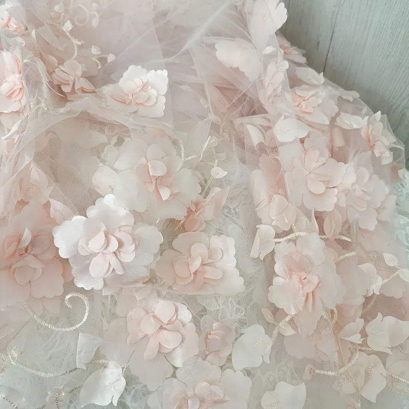Spitzenstoff für Hochzeitskleid, 3D – Weiß, handgefertigt, glitzernde Blumen, langer Rock, DIY-Accessoires, sanfte Stickerei, 1M – Detail 8