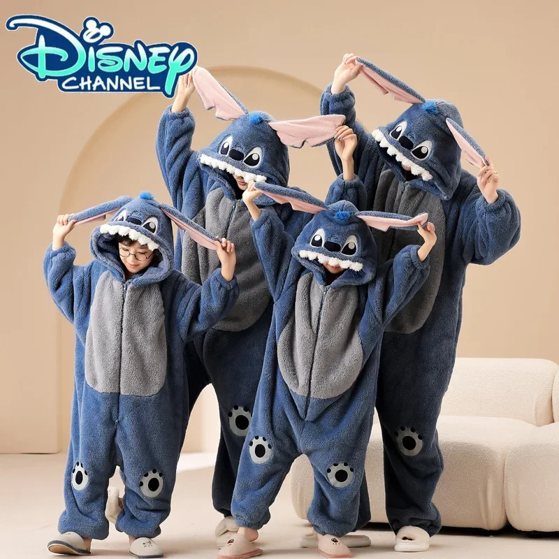 Disney Stitch Home Coral Velvet Pajamas for A Family of Three Autumn and Winter Flannel Parent-Child One-piece Home Clothes