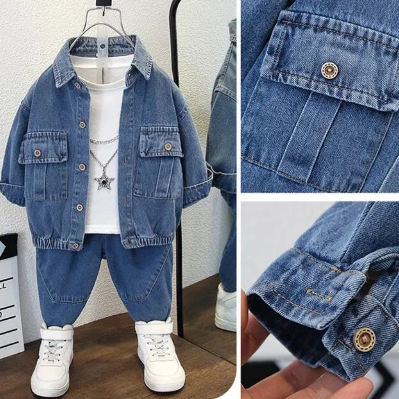 Meninos primavera denim conjunto nova versão coreana meninos roupas bonitas primavera e outono crianças moda jaqueta calça conjunto de duas peças