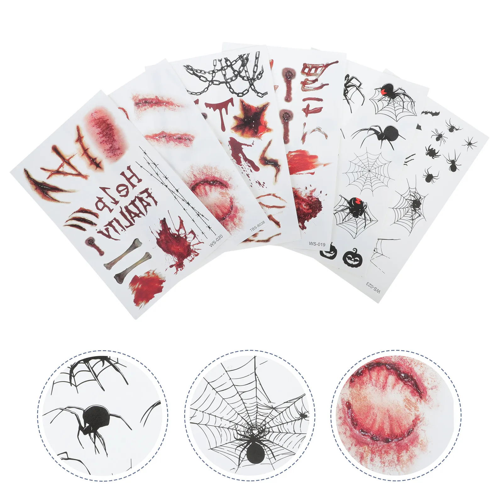 

6 листов водонепроницаемых временных тату-наклеек: забавные переводные узоры, шуточные рисунки для лица и тела, с эффектом раны от паука, для Хэллоуина и вечеринок