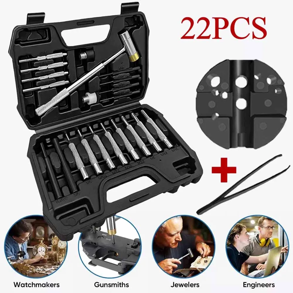 

22Pcs Roll Pin Punch Kit with Bench Block and Tweezers Double-Faced Hammer Brass Steel Gunsmith Maintenance Tools Set with Case