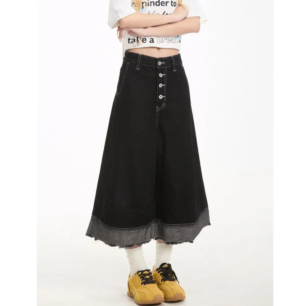 Retro Wide Leg Japanese Splicing Jeans Women's Button Loose Fit CasualHigh Waist Seven-Foot Pants American Design Shorts