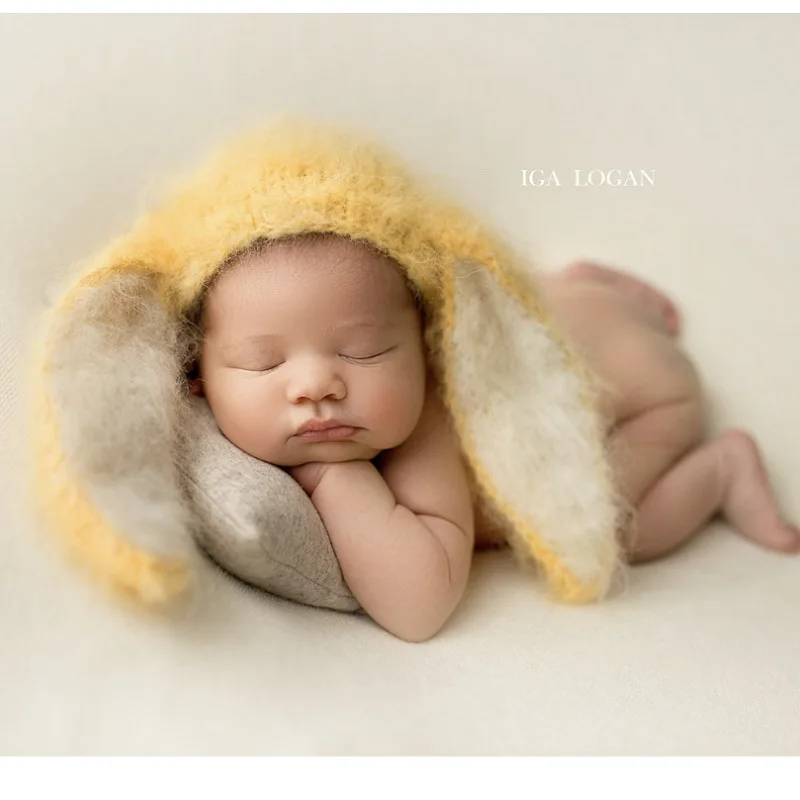 Puntelli per fotografia neonato lana per maglieria grande orecchio conigli cappello luna intera accessori per riprese per bambini copricapo per bambini puntelli per foto