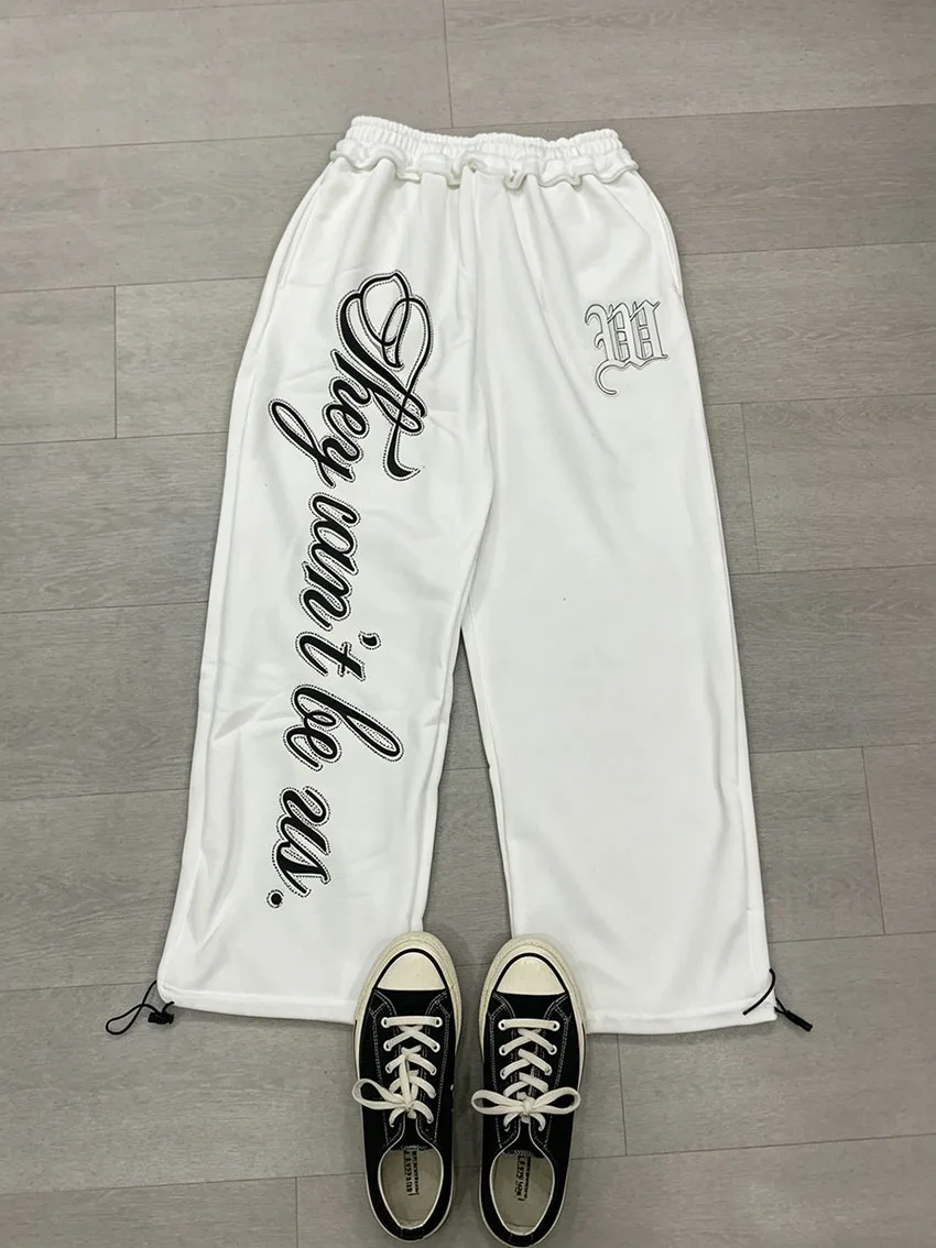 Hip Hop Two-Way Wear Sweatpants Women Ruffle Waist Goth Cursive Letter Print Drawstring Cuff Loose Wide Leg Daily Street Trouser