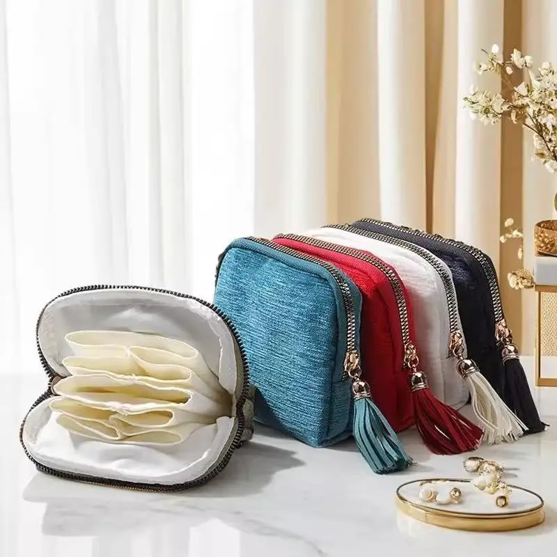 Tassel Pendant Jewelry Storage Bag Multi Layer Thick Lining Anti-scratch Ring Necklace Earring Organizer for Travel