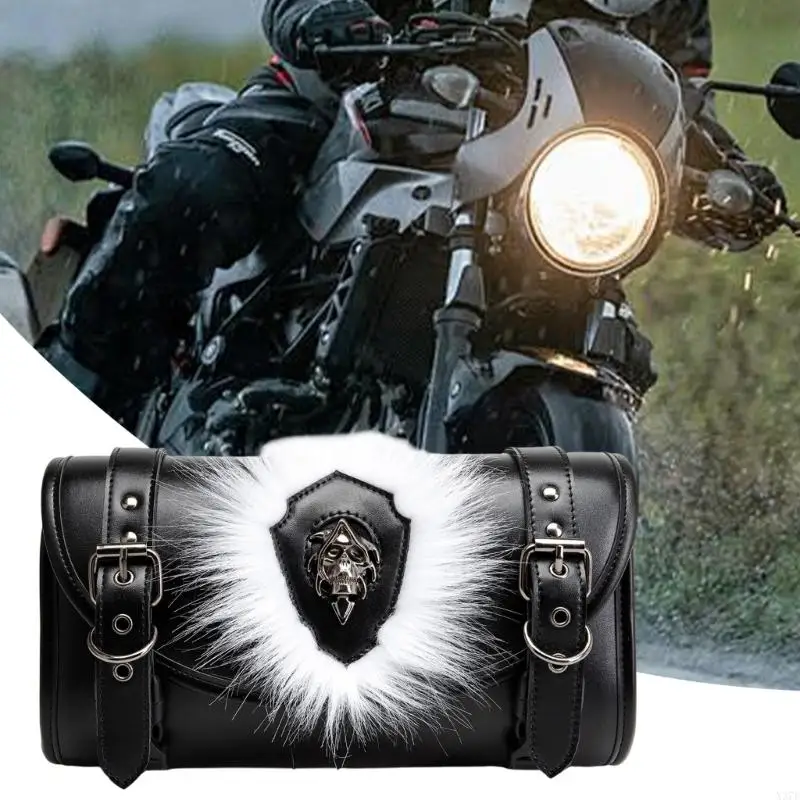 Black PU Leather Motorcycle Handlebar Bag Gothic Quick Detach Function For Travel And Daily Use X37F