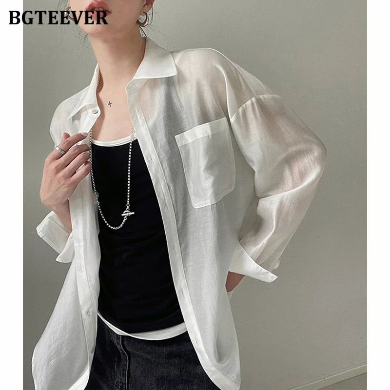 BGTEEVER Summer Loose Single-breasted Female Shirts Long Sleeve Turn-down Collar Pockets Ladies Blouses Tops