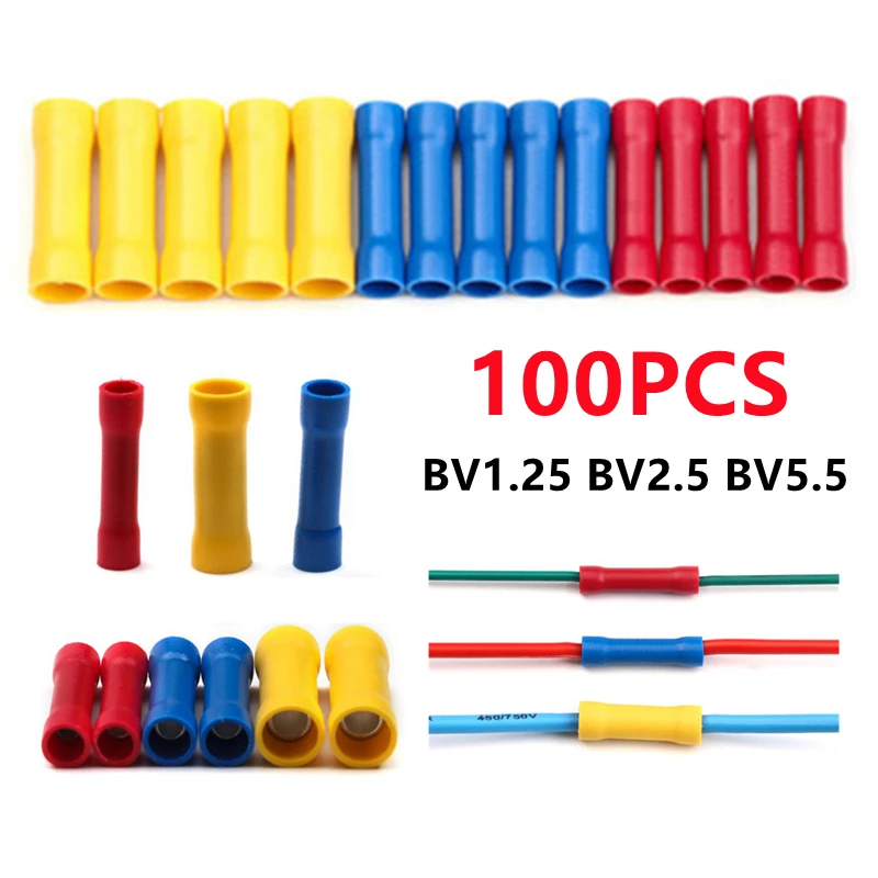 

10/50/100PCS BV1.25 BV2.5 BV5.5 Insulated Straight Wire Butt Connector Electrical Crimp Terminals Electrical Wire Butt Connector