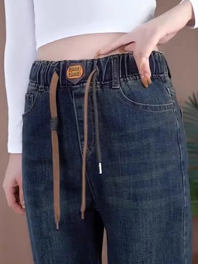 Damesjeans met elastische taille en wijde pijpen Afslankende herfst-winter Nieuwe Sle kleine maat elastische smalle versie broek met rechte pijpen