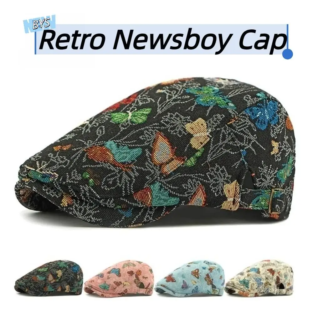 

Vintage Retro Newsboy Cap Ethnic Style Reversible Design Artist Painter Hat Sweet Casual Butterfly Embroidered Beret