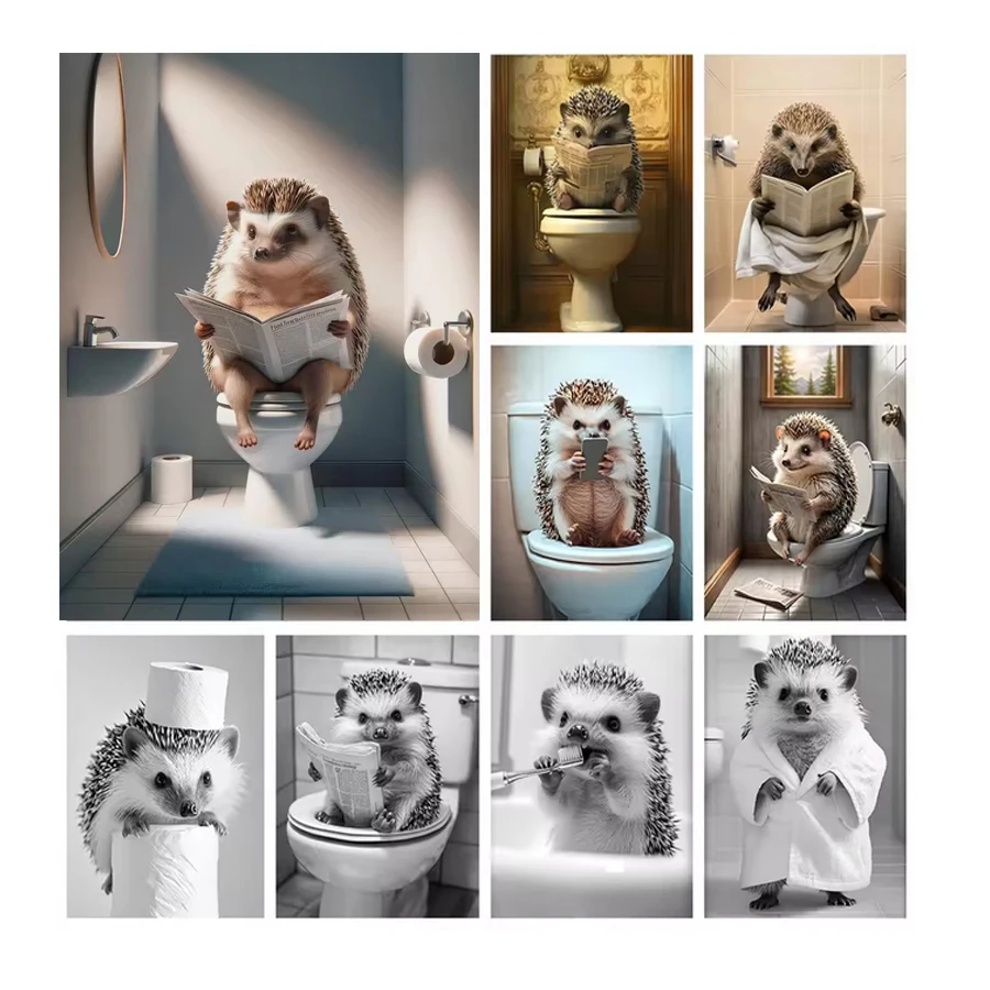 

Funny Animals 5D Diy Diamond Painting Kits Diamond Art Mosaic Jewelry Cross Stitch Hedgehog On The Toilet Home Decoration