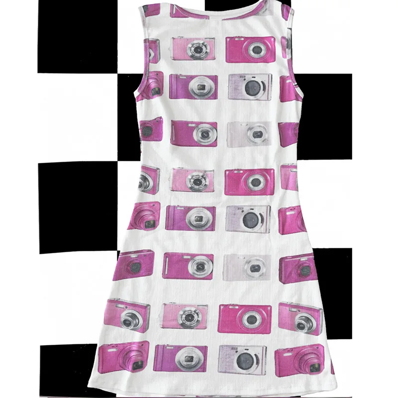 Y2K Camera Print Vest Dress European American Summer Street Retro Pink Slim Casual